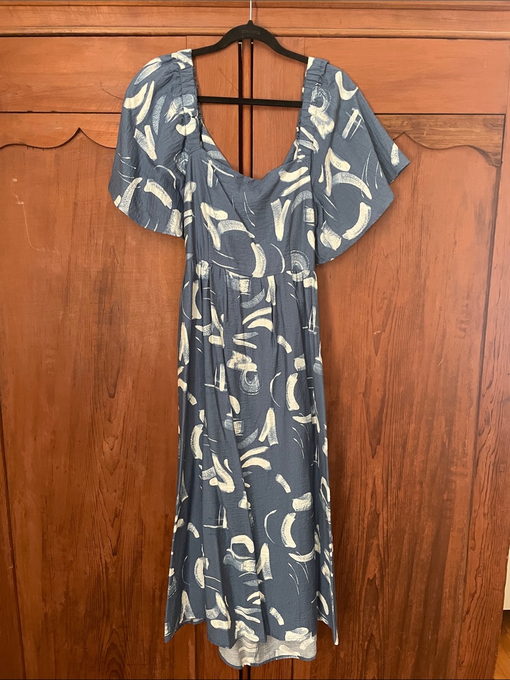 A New Day Blue Abstract-Print Midi Dress with Flutter Sleeves